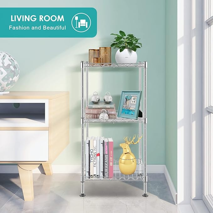 BNSPLY 3-Tier Adjustable Shelving Unit, Metal Wire Rack with NSF Certified, Leveling Feet, Standing Storage Shelf for Laundry, Bathroom, Kitchen, Pantry, Closet, Chrome-NeatNest
