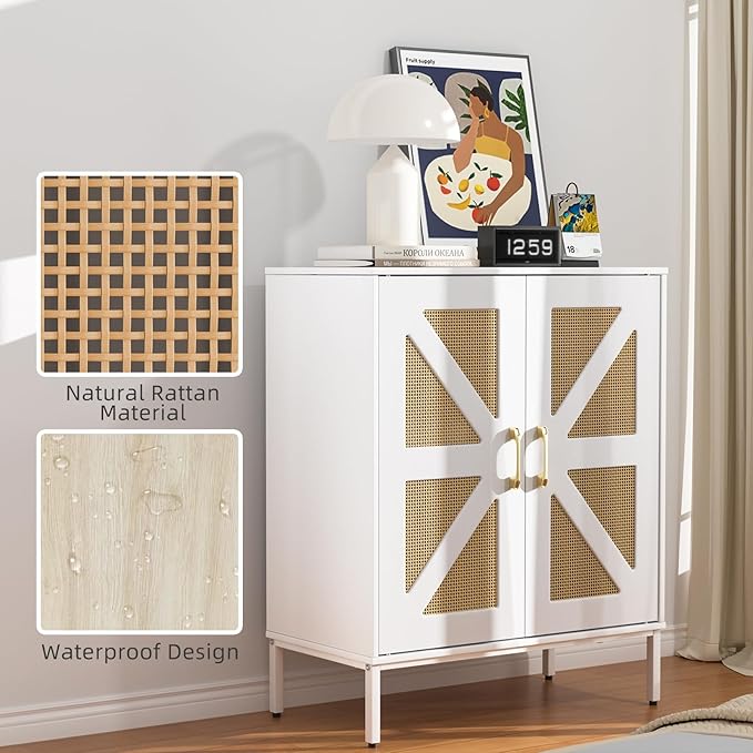 Buffet Cabinet White with Storage, Rattan Sideboard with Doors & Shelves, Accent Buffet Console Table 32.9" Media Console Mid Century Coffee Bar Table for Living Room Kitchen Dining Room-NeatNest