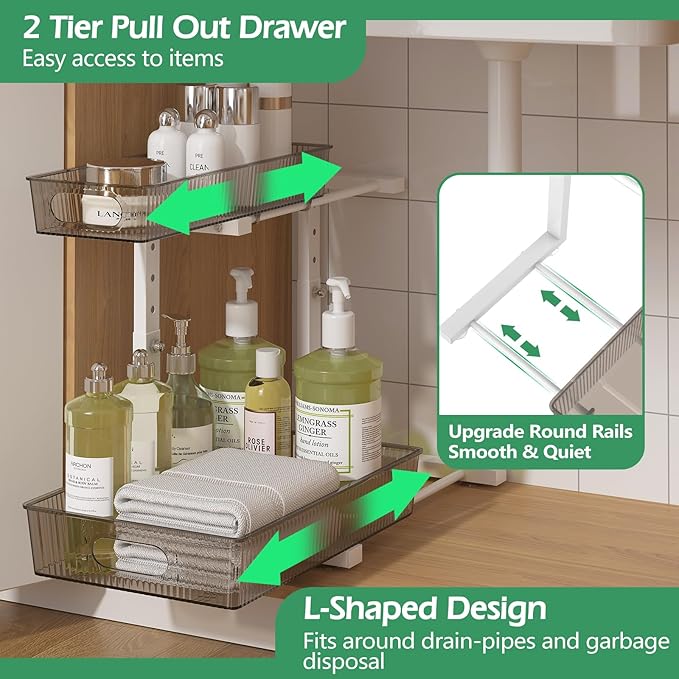 ADRIMER Under Sink Organizer 2 Packs, Pull Out Kitchen Sink Organizer, 2 Tier Slide Out Kitchen Organizers and Storage Bathroom Under Cabinet Storage Shelf, Grey & White-NeatNest