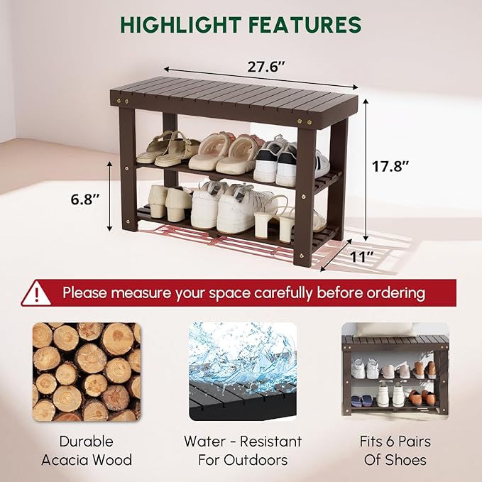 BEEFURNI Acacia Shoe Rack Bench, 3-Tier Sturdy Shoe Storage Bench, Wooden Footwear Organizer for Boots, 300 LBS Load Capacity, Perfect for Closet Entryway Bathroom, 1-Year Manufacturer Warranty, Brown-NeatNest
