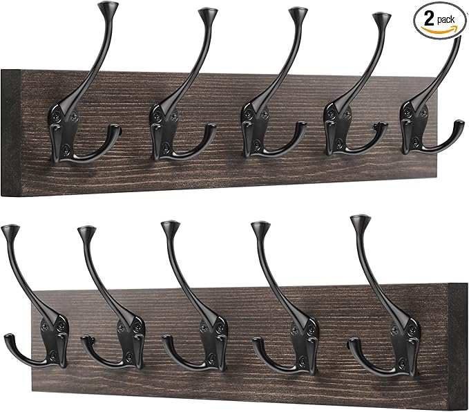 IBosins 2 Pack Coat Rack Wall Mount, 17'' Old Wood Color Coat Hanger, Rustic Wooden Metal Coat Hooks Rail for Entryway Living Room Coat Jacket Scarf Bag Towel Hat