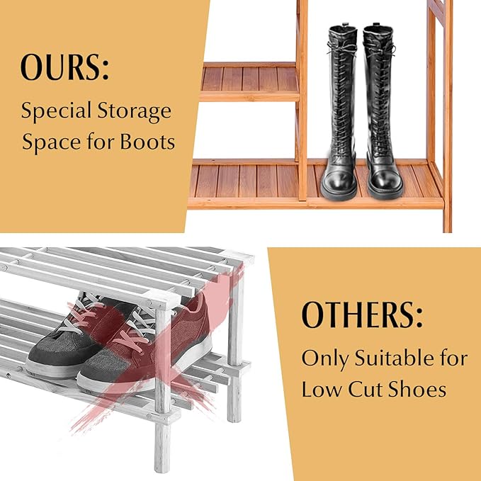 4-Tier Bamboo Shoe Rack with Boots Storage, Freestanding Wooden Display Shelf with Handle, Multifunctional Storage Organizer for Bathroom Entryway, Hallway, Living Room Plant Stand-NeatNest