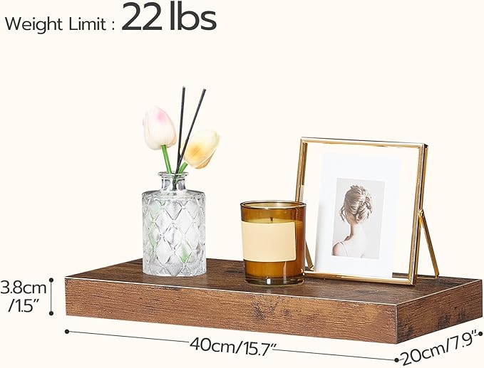 HOOBRO Floating Shelves for Wall, Wall Mounted Shelf Set of 2, 15.7" Hanging Shelf with Invisible Brackets, for Wall in Bathroom, Bedroom, Toilet, Kitchen, Living Room, Office, Rustic Brown BF40BJ01-NeatNest