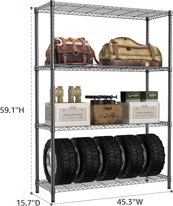 IZEUK 1400 LBS Garage Black Shelving Wide Storage Shelves 4 Tier Adjustable Heavy Duty Metal Wire Rack Standing Shelf Unit for Kitchen Office College Dorm Garage Warehouse 15.8" x 45.8"x 59.4"-NeatNest