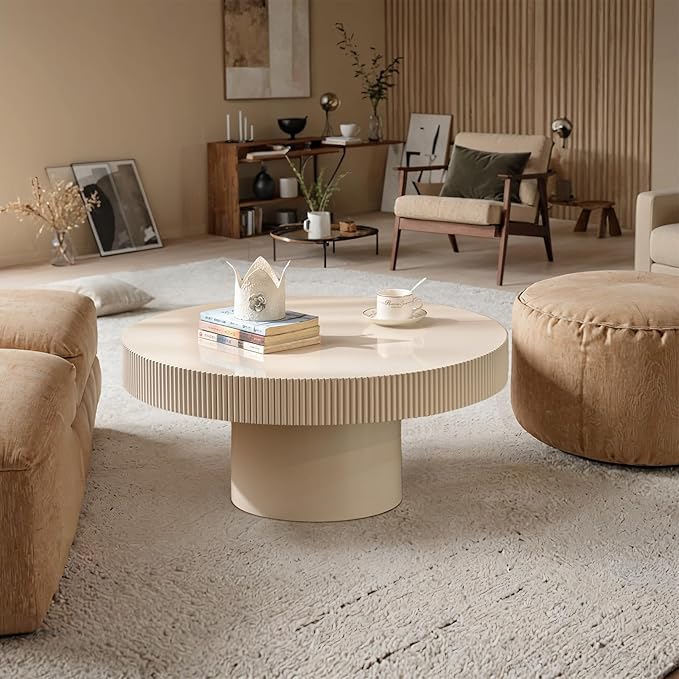 Handmade Round Grooved Drum-Shaped Coffee Table、Rustic Modern Circular Centerpiece for Living Room & Farmhouse Decor、Easy to Clean (A White 30.7in)