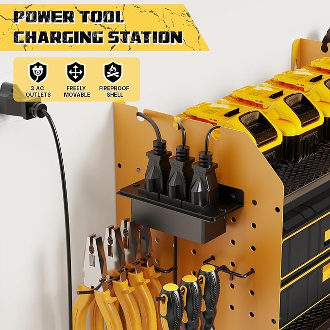 45" Power Tool Organizer Wall Mount with Charging Station - 3 Layer Storage Racks with 8 Cordless Drill Holder, 4 Hooks, Heavy Duty Garage Tool Organizer Storage for Workshop Shed Pegboard Basement