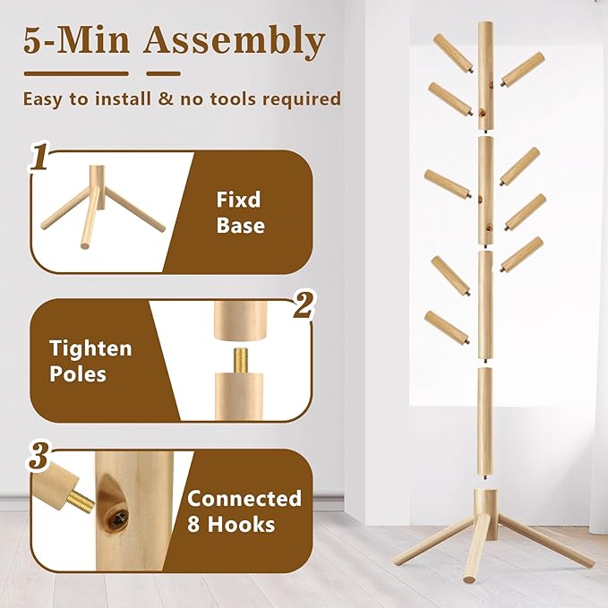 2 Pack Coat Rack, Solid Wood Coat Rack Freestanding with 8 Hooks & 3 Adjustable Heights, Simple Assembly Coat Tree for Hats, Bags, Wooden Coat Hanger Stand for Bedroom, Entryway, Office-NeatNest