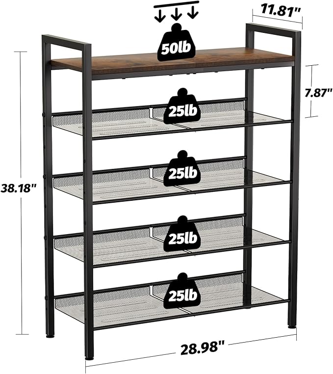Shoe Rack for Front Door Entrance, 5 Tier Shoe Rack for Entryway, 16-20 Pairs of Shoes, Metal Shoe Rack Organizer, Free Standing Shoe Rack for Closet (Black+Rustic Brown)-NeatNest