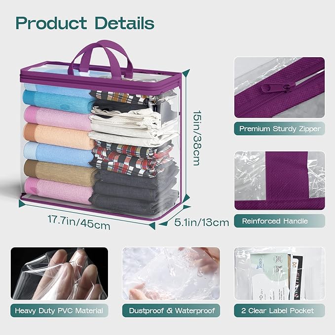 5PACK Clear Zippered Storage Bags for Clothes, 22L Closet Organizers Bag, and Blanket Storage Bags for Bedding, Linen, Blankets, Comforters, Clothing & Toys (Purple)-NeatNest