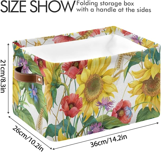 Floral Flower Sunflower Poppy Storage Bin Canvas Toys Storage Basket Bin Large Storage Cube Box Collapsible with Handles for Home Office Bedroom Closet Shelves,1 pc-NeatNest