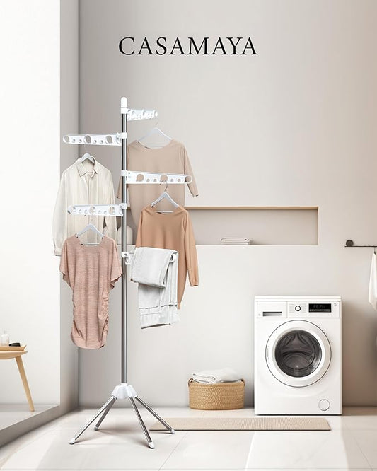 Clothes Drying Rack Foldable, 70.9 inch Tripod Drying Rack for 35 Pieces of Clothes, with Height-Adjustable Rotatable Clothes Rails, Space Saving, Stainless Steel, White and Silver CDR005W01-NeatNest