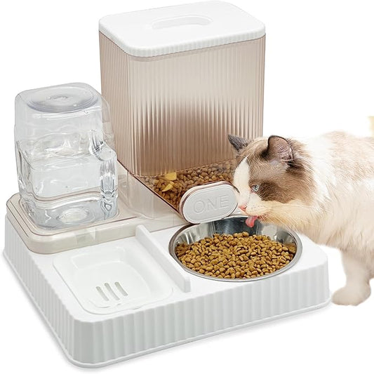 Fhiny Gravity Cat Feeder & Water Dispenser, 2 in 1 Automatic Puppy Waterer Removable Stainless Steel Food Bowls Set Self Feeding Pet Food Storage for Cat Kitten Puppy Easy Clean (White)-NeatNest