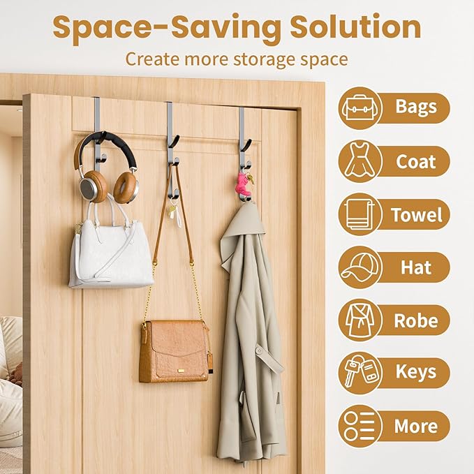 Over the Door Hooks hanger,over the door towel hook Organizer hanging for coat clothes backpack hat purse Metal Towel Rack Back of Shower for Bathroom,Dorm,Bedroom,Kitchen,Office Closet (Black-3Packs)
