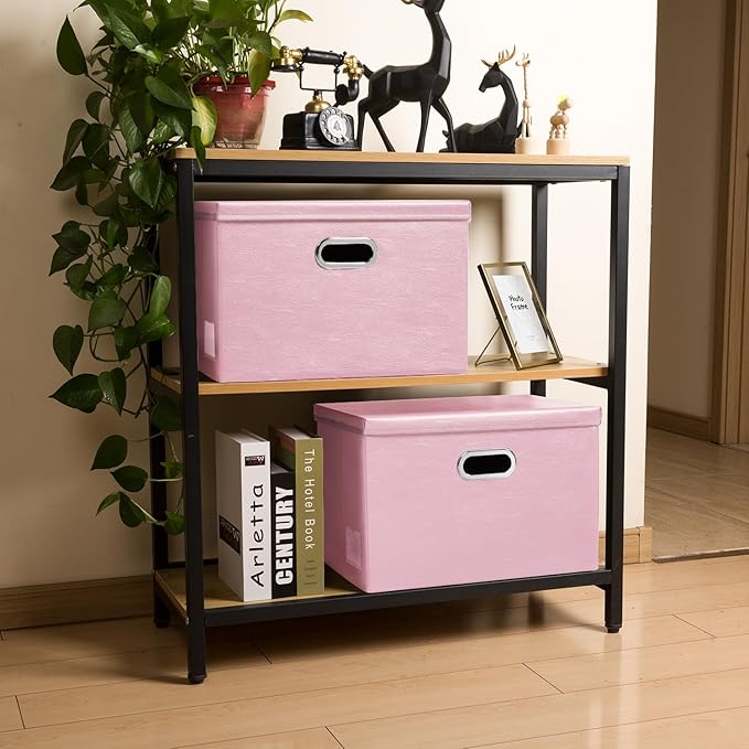 PRANDOM Foldable Storage Bins with Lids [5-Pack] Leather Fabric Collapsible Storage Boxes Organizer Containers Baskets Cube with Cover for Bedroom Closet Office Nursery Pink (14.9x10.8x10)-NeatNest