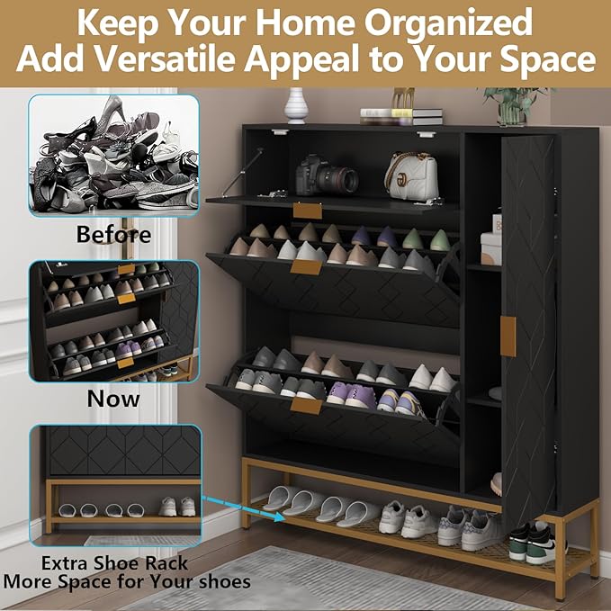 Loomie Shoe Cabinet,Freestanding Tipping Bucket Shoe Rack Organizer with 2 Flip Drawers,Entryway Narrow Shoe Storage with Adjustable Storage Shelf &Top Cubby,Modern Slim Hidden Shoe Cabinet, Black-NeatNest