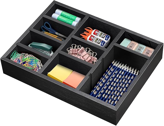Desk Drawer Organizer Tray with 9 Adjustable Compartments, Wooden Office Desk Accessories Supplies Organization Storage for Desktop Bathroom Vanity Makeup Black-NeatNest