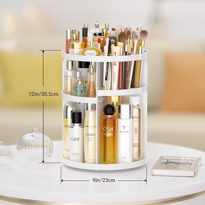 Makeup Organizer 360 rotating, Adjustable Skincare Organizers with Brush Holder, Cosmetics Display Cases for Vanity Bathroom Countertop Large Capacity Carousel Make up Caddy Shelf (White)-NeatNest