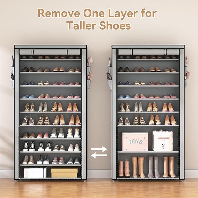 ROJASOP Shoe Rack with Covers, Stackable 10 Tier Tall Shoe Shelf Storage 50-55 Pairs Shoes and Boots Large Capacity Vertical Shoe Rack Organizer for Closet Entryway Garage Bedroom, Grey-NeatNest