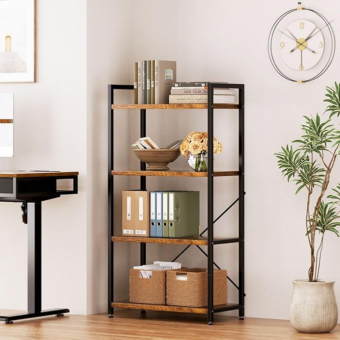Casaottima Book Shelf, 4 Tier Bookshelf, Modern Wood Bookcase Shelves for Bedroom, Industrial Display Shelf for Living Room Home Office Kitchen, Standing Shelving Unit Storage Organizer, Vintage-NeatNest