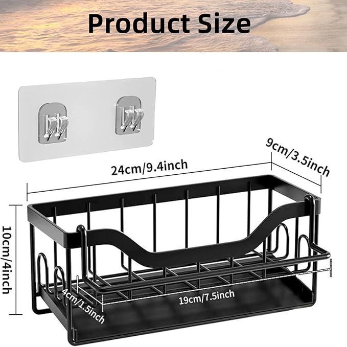 Sponge Holder for Kitchen Sink - Sink Caddy Organizer with Auto Drain Tray, Detachable Towel Rack, Stainless Steel Kitchen Counter Organizer Rack, Black-NeatNest