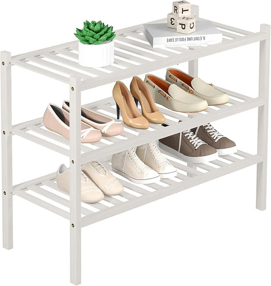 3 Tier Bamboo Shoe Rack for Closet Free Standing Wood Shoe Shelf Storage Organizer for Entryway Small Space Stackable 27"x11"x20" (White)-NeatNest