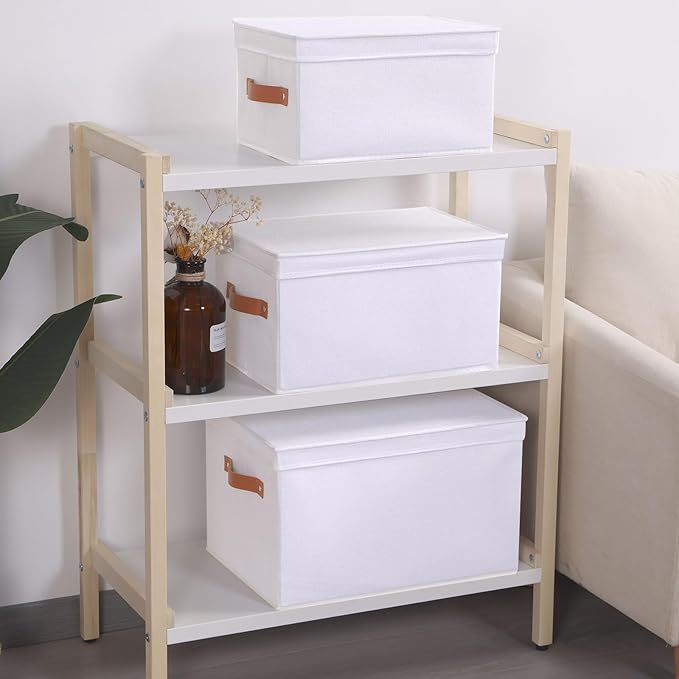 Fabric Storage Bins, Clothes Boxes for Shelves with Lids, Baskets for Organizing with Handles, Decorative Linen Closet Organizers, White, 5 Pack, 15 x 9.8 x 8.3 Inch-NeatNest