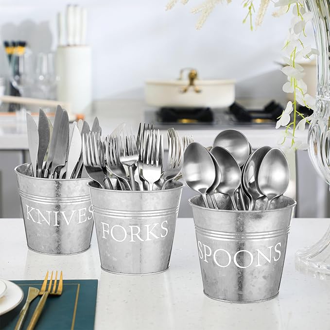 Honeydak 3 Pcs Farmhouse Silverware Holder Countertop Metal Cooking Utensil Caddy Fork Knife and Spoon Cutlery Organizers for Kitchen Counter, Cabinet, Drawer or Pantry-NeatNest
