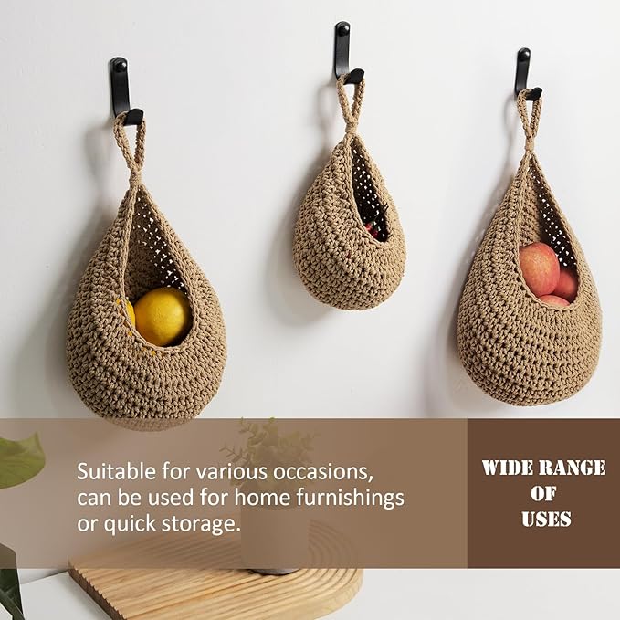 Hanging Fruit Basket Set of 3, Boho Wall Hanging Storage Basket for Organizing, Handmade Teardrop Hammock Holder for Fruit Vegetable in Home & Restaurant Kitchen with Hooks, Light Flaxen