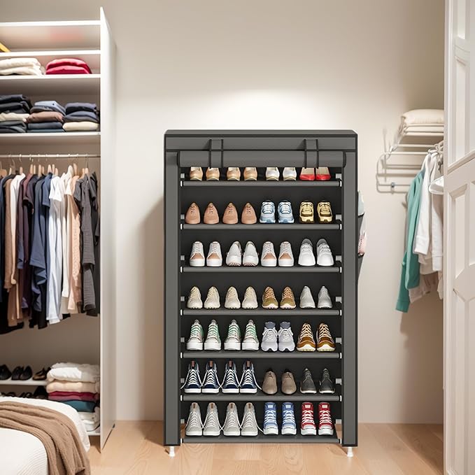 Laiensia 7-Tier Vertical Shoe Rack Organizer, Space Saving Shoe Storage Organizer, Non-Woven Cover Shoe Shelf Holds 28-35 Pairs for Bedroom, Hallway, Closet Entryway, Grey-NeatNest