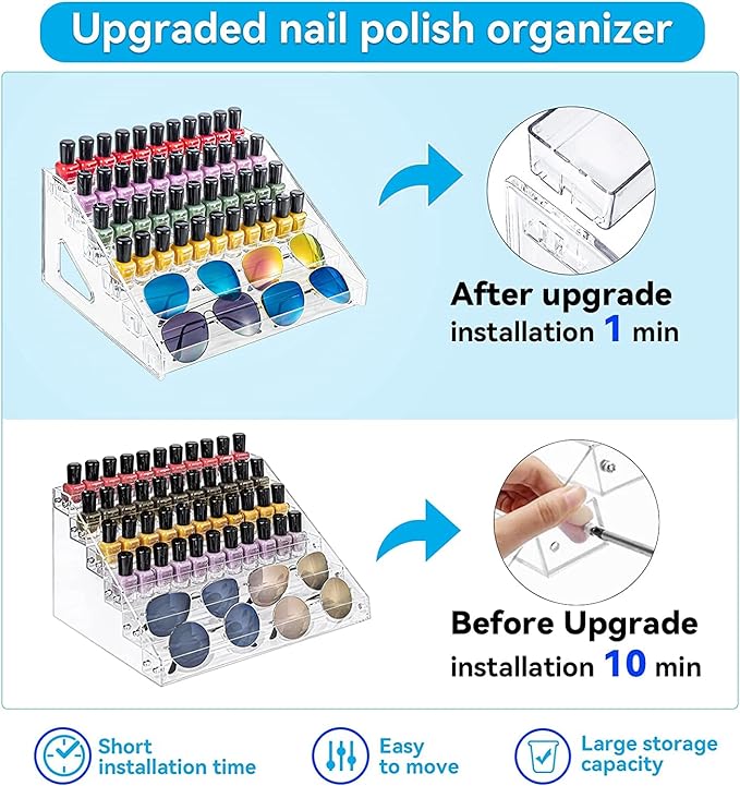 Nail Polish Organizer 72 Bottles of 6 Layers Sunglass Organizer Acrylic Display Rack Eyeglasses Storage Essential Oils Holder Makeup Organizer No Tool Needed Assembly, Clear-NeatNest