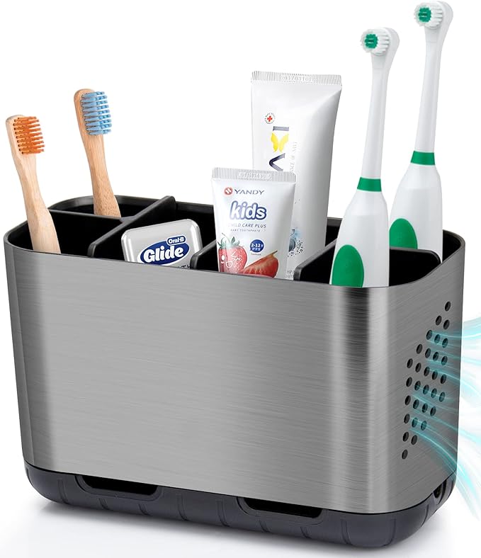 Boperzi Toothbrush and Toothpaste Holder Brushed Nickel Drainage for Bathroom Vanity, Large Electric Toothbrush Storage Caddy Anti-Slip Rustic with Adjustable Dividers for Family, Kids-NeatNest