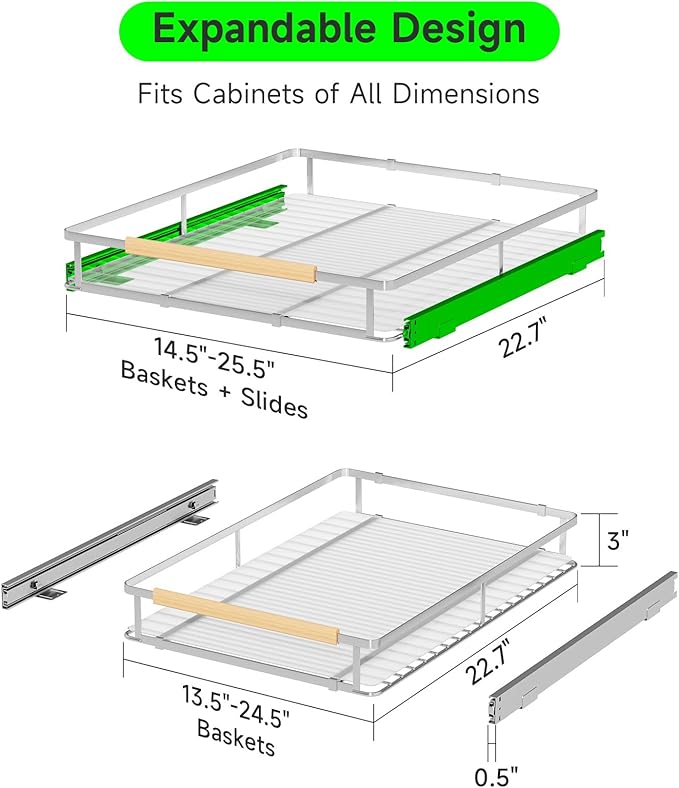Expandable Pull Out Drawers for Cabinets, Kitchen Cabinet Slide Out Shelves, Adjustable Roll Out Drawers, Stainless Steel, Large 1 Pack, (14.5"-25.5") Cabinet Width x 22.7" Depth-NeatNest