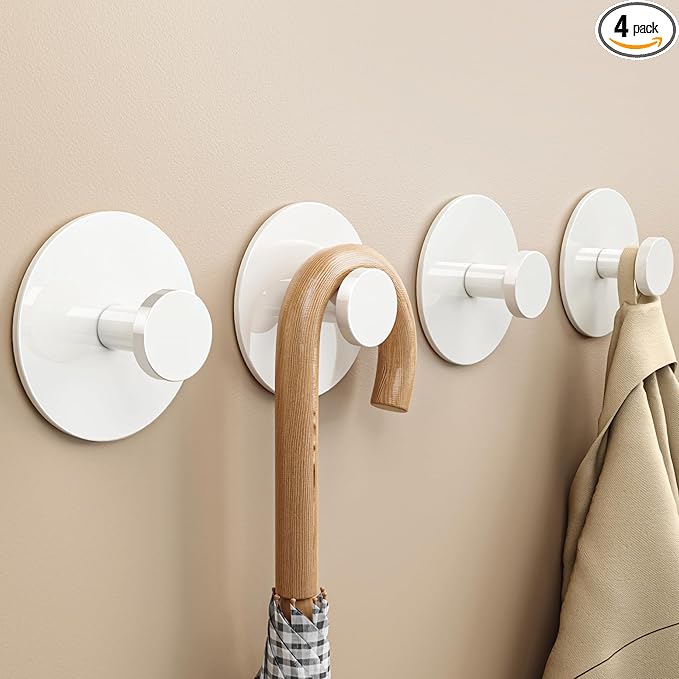 Adhesive Wall Hook for Coat and Towel: Extra Sticky 12 LB (Max), Stainless Coat Rack Door Holder Hanger, White Heavy Duty