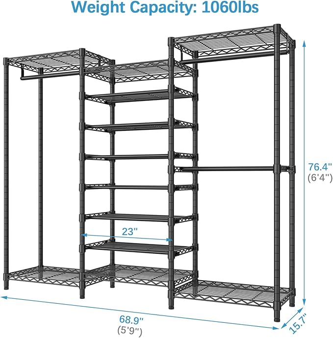 VIPEK S3 Heavy Duty Garment Rack Freestanding Clothes Rack Closet Storage Organizer Large Wardrobe with 6-Tier Shoe Rack, Hanging Rod, Adjustable Shelf, 68.9" L x 15.7" W x 76.4" H, Black-NeatNest