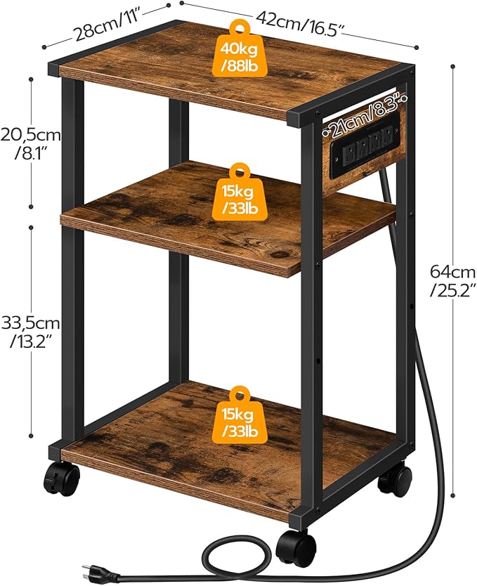 HOOBRO Industrial Printer Stand with Charging Station, 3-Tier Printer Table, Rolling Printer Cart with Adjustable Shelf and Hook, Rustic Brown and Black BF28UPS01-NeatNest