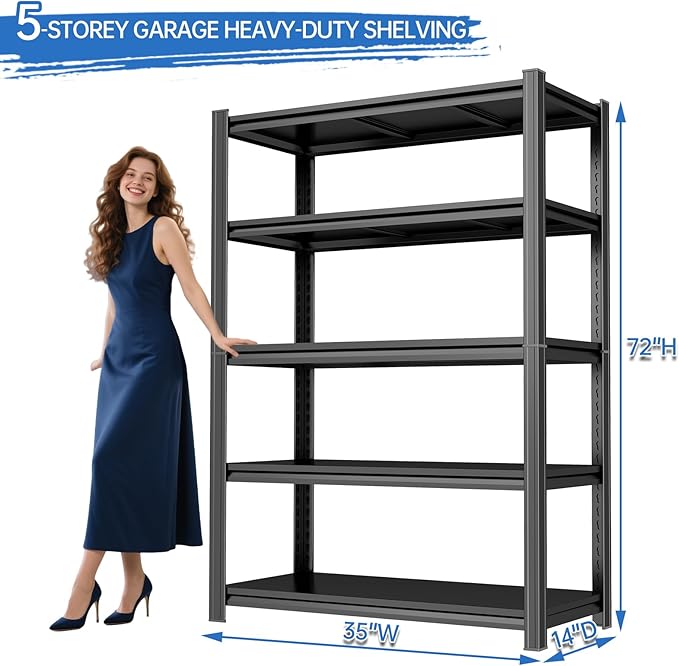 Garage Shelving 3500LBS Storage Shelves 5-Tier Adjustable Metal Shelving Units Garage Storage Shelves Heavy Duty for Industrial, Warehouse, Basement, Commercial, Black