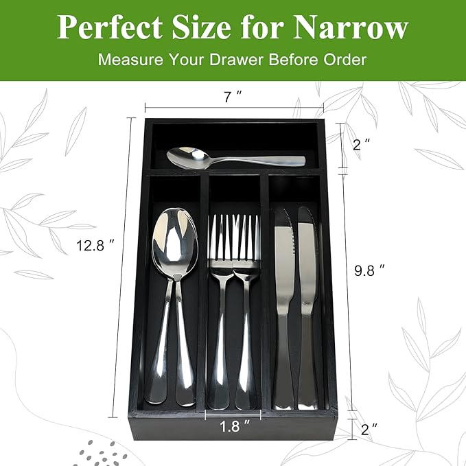 Ayiaren Small Wooden Silverware Organizer Tray Narrow Kitchen Drawer Dividers Utensil Organizers and Storage Black Cutlery Trays Spoon Flatware Organizer for Drawer Bamboo Cutlery Utensil Holder Tray-NeatNest