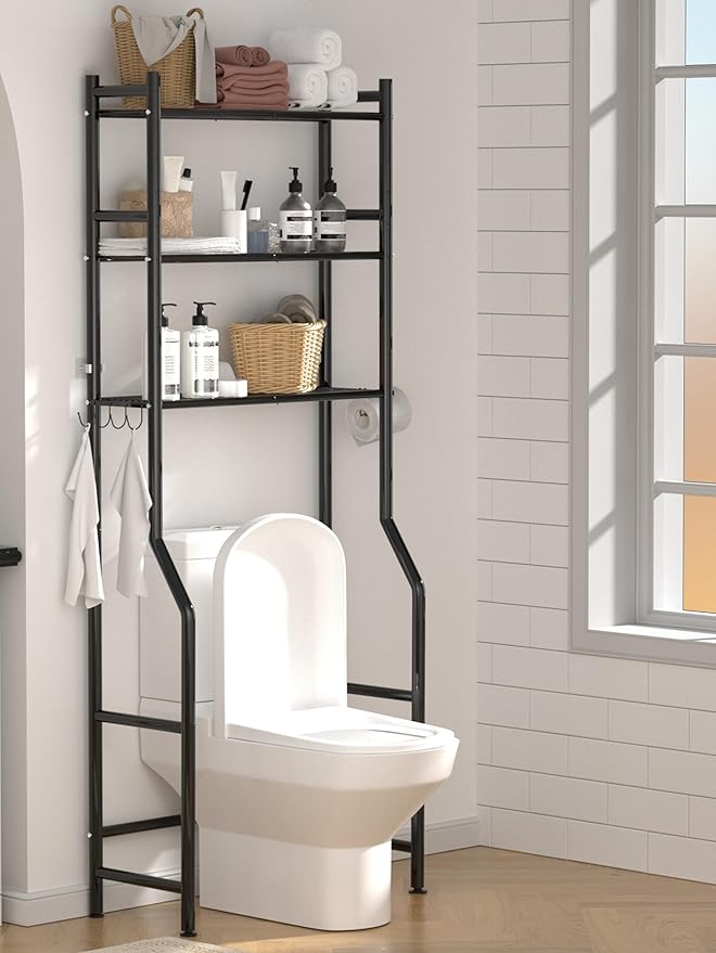 3-Tier Over The Toilet Storage, Space Saver Metal Bathroom Shelves, Freestanding Above Over Toilet Storage Shelf with 4 Hooks for Bathroom, Black-NeatNest