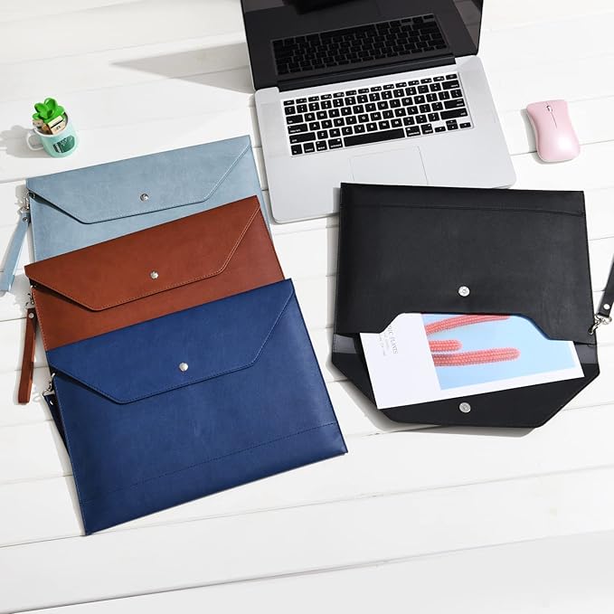 Wonderpool Envelope Case A4 PU Leather File Jacket Pocket Folder Document Case Bag with Removable Hand Strap and 4 Pocket for Documents Tablet Phone Stationery (Black)