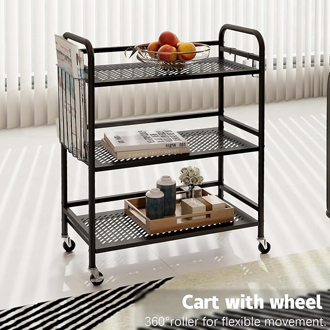 HDANI 3 Tier Metal Mesh Utility Cart,Large Capacity Multipurpose Heavy Vehicle,Rolling Trolley with to Hooks and One Basket(Black)
