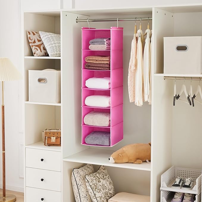 MAX Houser 6-Shelf Hanging Closet Organizer, Hanging Storage Shelves with 2 Sturdy Hooks Space-Saving for Bedroom, Foldable (Pink)-NeatNest