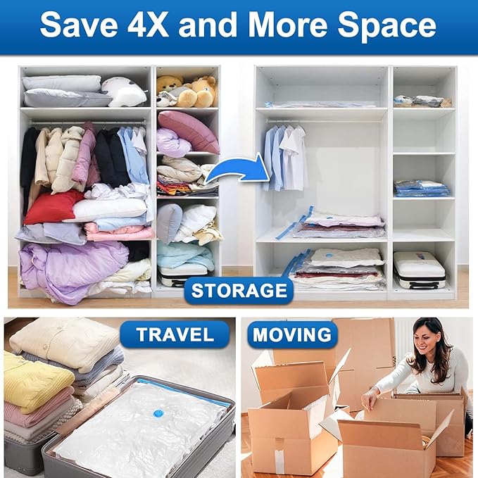 ZXA Vacuum Storage Bags with Electric Air Pump, 8 Pack (4 Large, 4 Jumbo) Vacuum Seal Bags for Clothing, Space Saver Vacuum Storage Bags for Blanket, Duvets, Pillows, Comforters - Blue-NeatNest