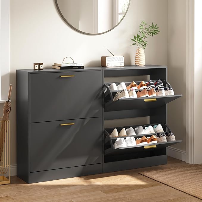 Shoe Cabinet with 2 Flip Drawers, Black Shoe Cabinet Storage for Entryway, Modern Shoe Organizer Wood, Freestanding Small Thin Shoe Racks with Doors, Black-NeatNest