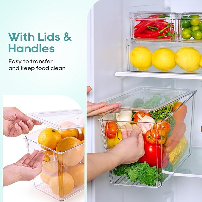 MUCHII 6 Pack Fridge Organizers and Storage, Stackable Fridge Organizer Bins with Lids, Kitchen Organizer Storage Containers for Fruit, Food, Vegetables-NeatNest