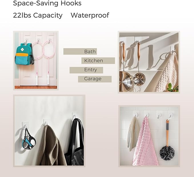 22lb Adhesive Hooks Heavy Duty, 10 Pack, No Drill Wall Hooks for Bathroom & Kitchen, Transparent Reusable Waterproof Towel Hooks for Smooth Surfaces