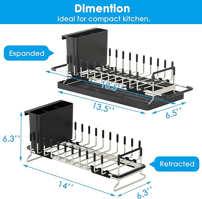 ANTOPY Small Dish Drying Rack - Expandable 304 Stainless Steel Rustproof Dish Rack Over Sink with Silicone Drying Mat & Cutlery Holder, Compact Dish Drainer for Kitchen Counter, Inside Sink, Silver