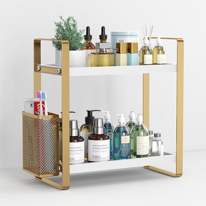 LEMIKKLE Bathroom Counter Organizer with Basket, Skincare,Makeup Organizers for Vanity,Storage Organizers for Bathroom, Kitchen, Dresser（White）-NeatNest