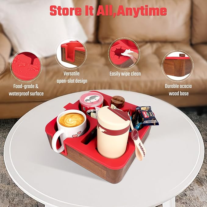 Couch Cup Holder Tray, Real Acacia Wooden Caddy with Soft Silicone, Snack and Drink Organizer- Perfect Movie Night Accessories for Bed, Remote and Cup Holders for Sofa (Red)-NeatNest