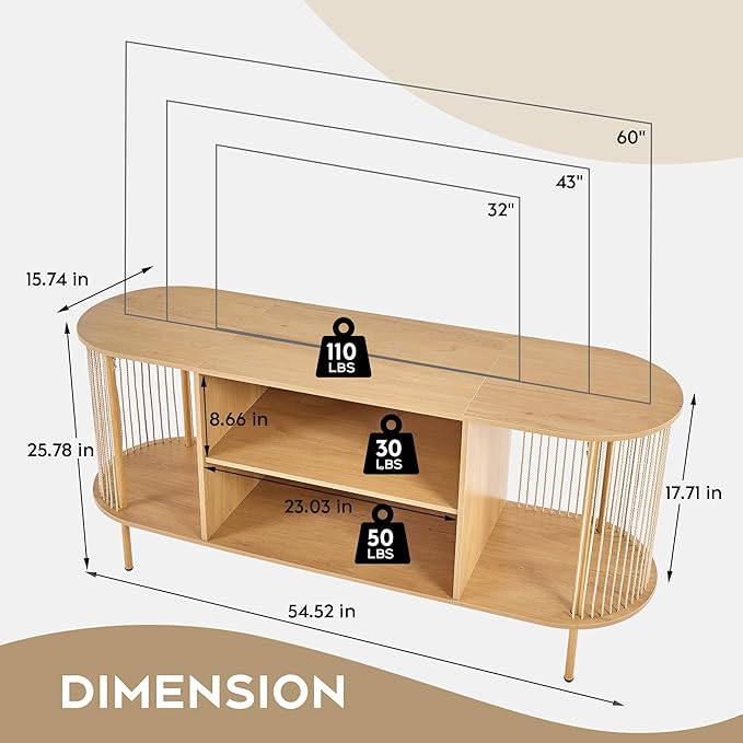 Brafab Oval Boho TV Console with Hand-Woven Ropes, Mid-Century Modern TV Stand for up to 60" with Storage Adjustable Shelf and Sturdy Steel Legs, Natural Wooden Entertainment Center for Living Room-NeatNest