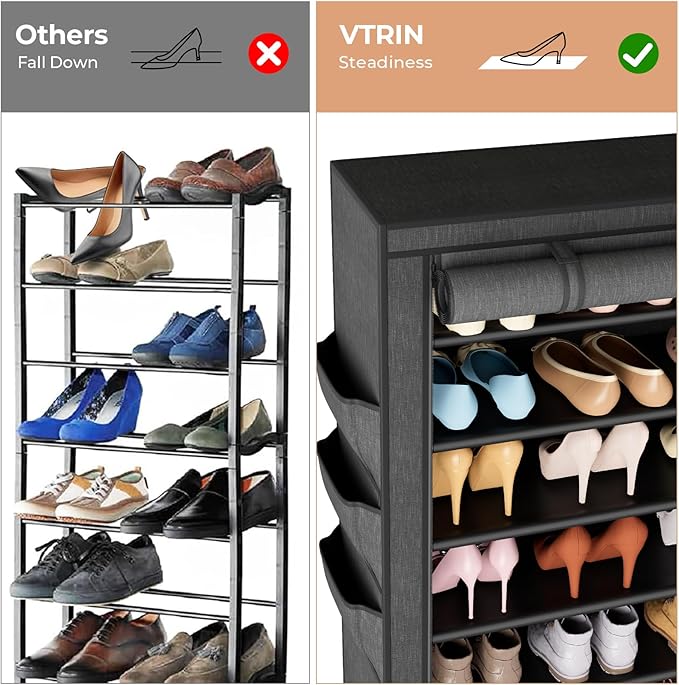 VTRIN Vertical Narrow Shoe Rack Organizer Tall Shoe Rack for Closet Entryway 10 Tier Non-Woven Cover Shoe Shelf Holds 36-41 Pairs Free Standing Shoe Storage Cabinet with Dustproof Cover, Black-NeatNest